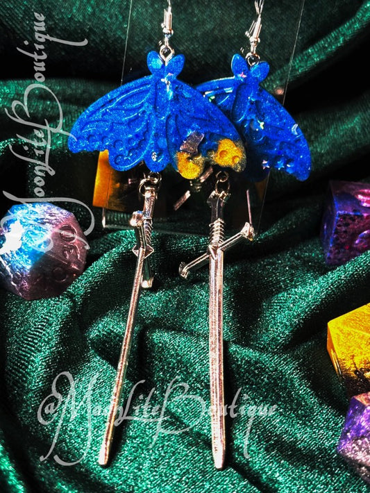 Blue and Gold Butterfly Sword Earrings