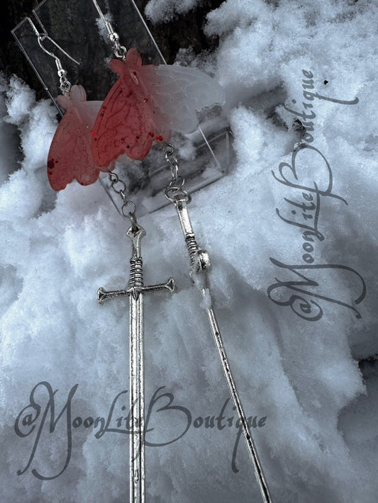 Red & White Butterfly Sword Earrings