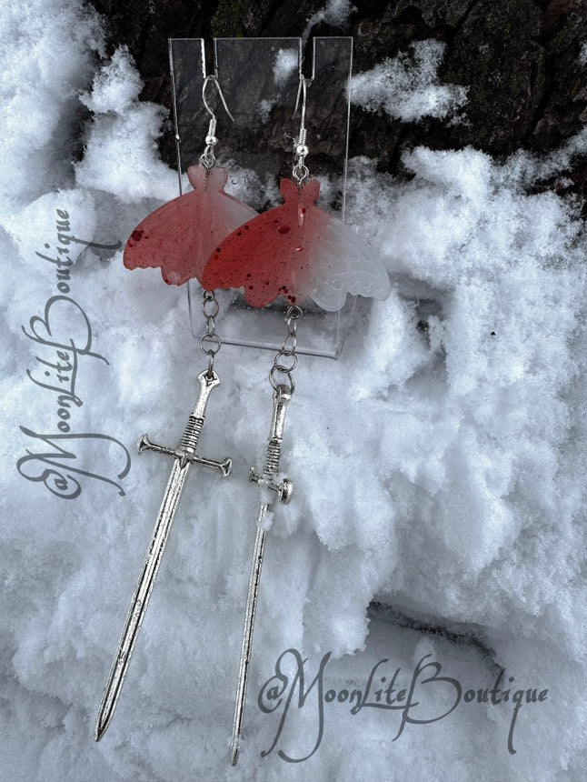 Red & White Butterfly Sword Earrings