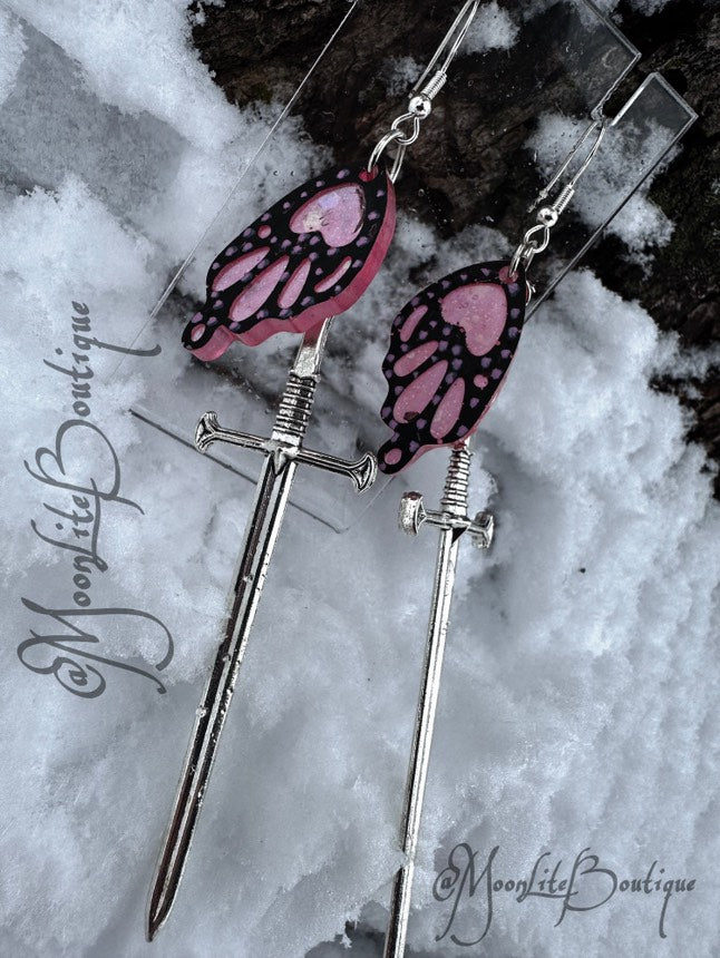 Pink & Black Butterfly Wing & Sword Earrings