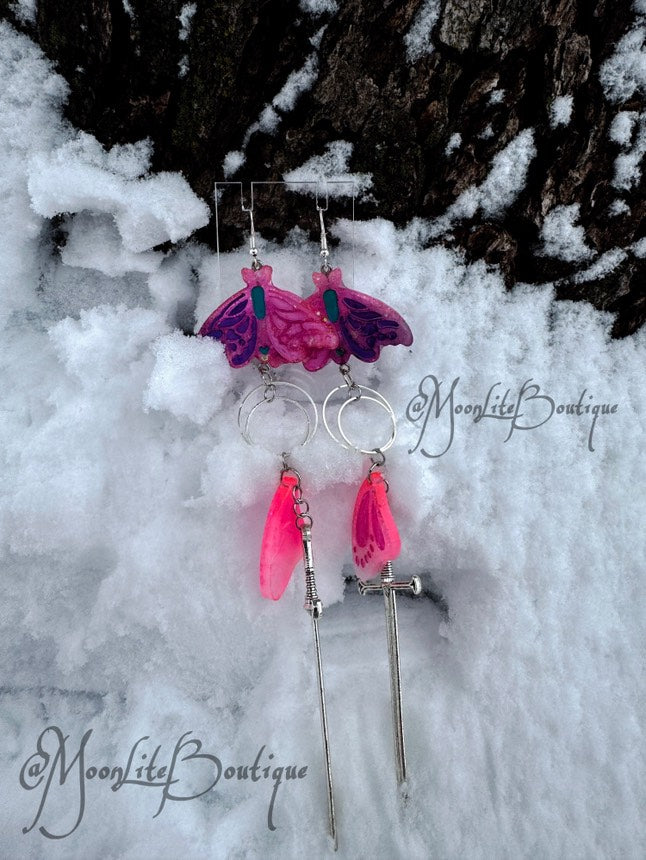 Pink Multi Butterfly Sword Earrings