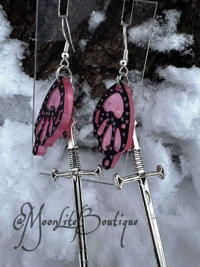 Pink & Black Butterfly Wing & Sword Earrings